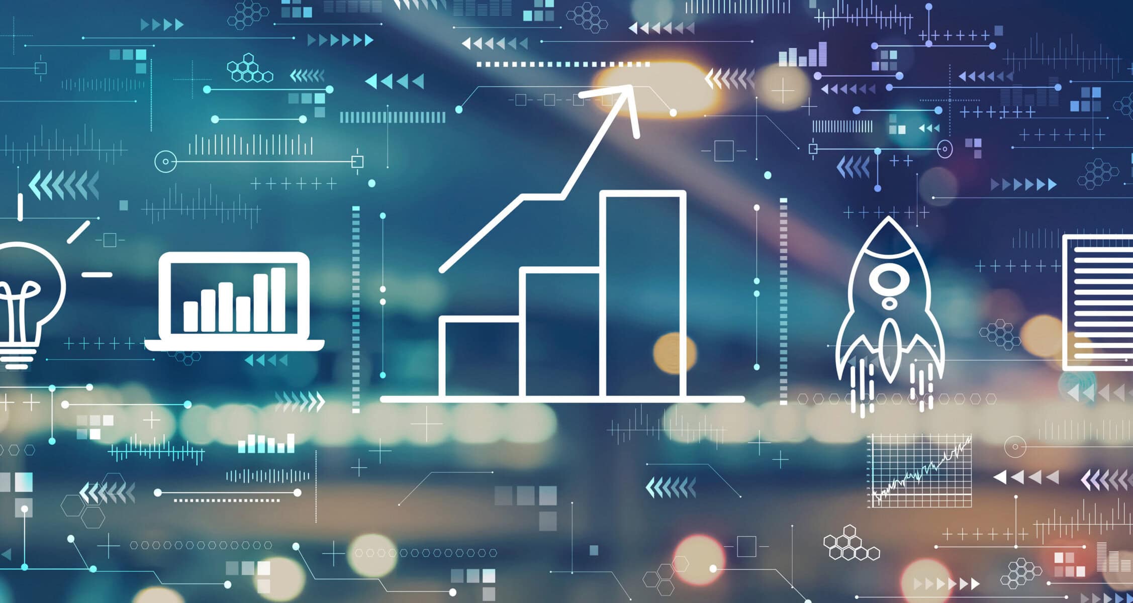 Business growth analysis with blurred city abstract lights background