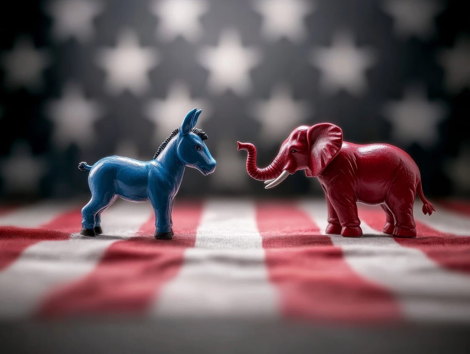 A blue donkey and a red elephant figurine stand confronting each other on an American flag backdrop, embodying the significant political division between the two major U.S. parties.